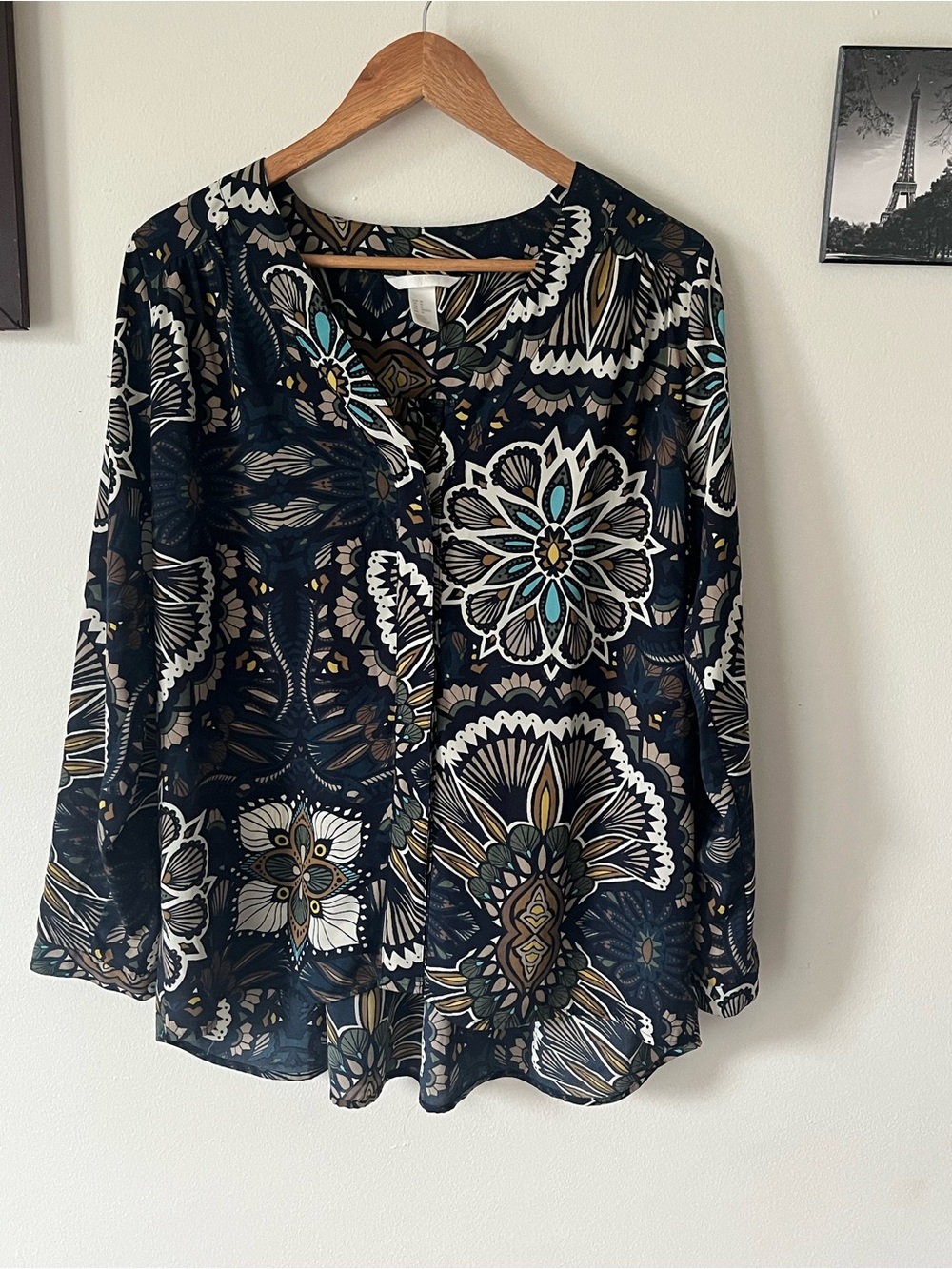 H&M Navy Floral Print Button Blouse- Large